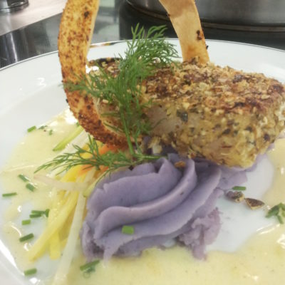 Cod Filet on Purple Potato Mash with Shallot Butter Sauce