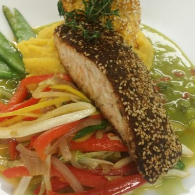 Togarashi crusted Salmon on Oriental Vegetables