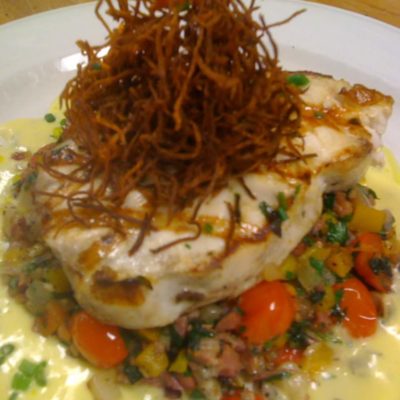 Grilled Swordfish over Beef Hash and Saffran Beurre Blanc, Crispy Parsnips