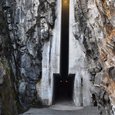 The entrance to the elevators leading to the restaurants inside the castle